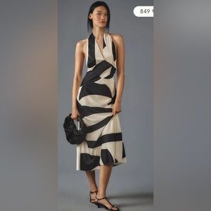 Anthropologie women’s abstract colorblock print Bardot Citron Halter Midi Dress